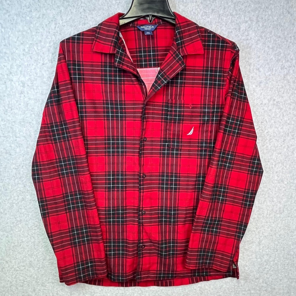 Nautica Men's L‎ Red Plaid Pajama Sleepwear Shirt Button Up Collared Long Sleeve